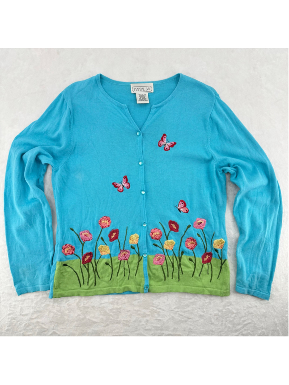 Vintage Embroidered Flowers Cardigan Sweater Teal Blue Mandal Bay Size Medium